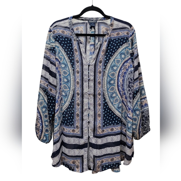 1X LUCKY BRAND Blue Damask Border Print Relaxed Fit Button Down Tunic - Picture 1 of 5